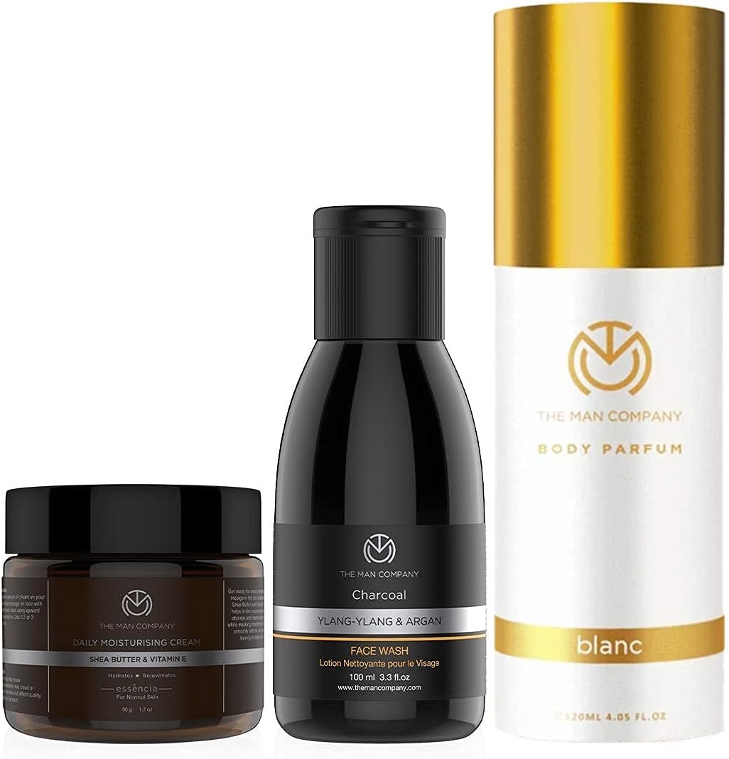 The Man Company Classic Daily Care Kit | Charcoal De Tan Face Wash, Moisturising Cream, Blanc Deodorant for Men | Gift Pack of 3