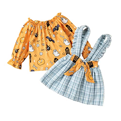 Traje De Invierno Compatible with Motociclista Conjunto de Falda Plisada con Tirantes y Mangas largas de Calabaza de Halloween para niños pequeños y niñas La Muerte Y Su Traje