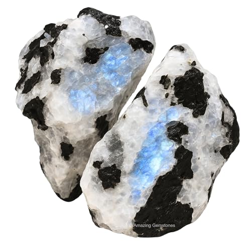 Amazing Gemstone 2 Pieces Rainbow Moonstone Raw Crystals and Healing Stones, Natural Rocks for Tumbling and DIY Raw Stones and Crystals