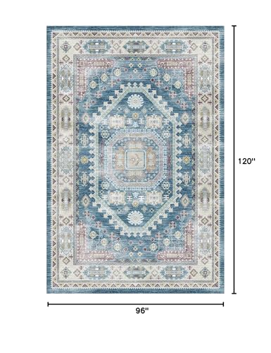vivorug 8x10 Area Rugs for Living Room, Non-Slip Backing Washable Rug 8x10, Blue Large Area Rug Soft Carpet for Bedroom Dining Room, Vintage, Easy Clean, Durable, Low Pile Rug Under Table