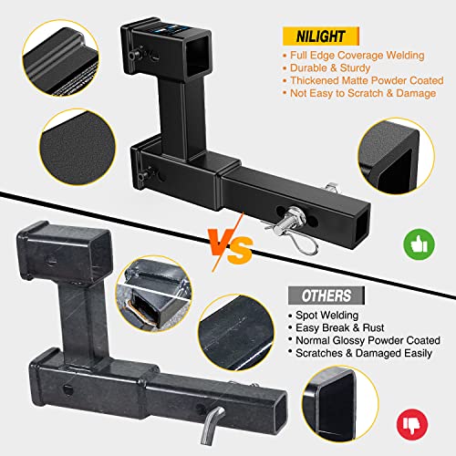 Image of Nilight Dual Hitch Extender to 10 Inch Max Extension Length with Hitchs Tightener Anti Rattle for 2 inch Receiver with 5 /8 inch Bolt Nut Clip Adjust 7-1 /2 inch Riser or Drop 4,000 lbs GTW Matte Black
