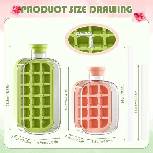 2 PCS Eiswürfel Flasche,Ice Cube Bottle,Eiswürfelbehälter Mit Deckel Und Behälter,Eiswürfelflasche Mit Deckel, 2 In 1 Ice Cube Tray, Water Bottle with Lid and Container (Rosa 500ml+Grün 800ml)