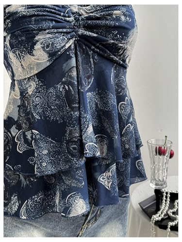 Verdusa Women's Boho Printed Ruched Halter Top Spaghetti Strap Layered Ruffle Fitted Tops3