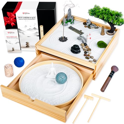 Hugbow Japanese Zen Garden Kit for Desk,Two-in-One Mini Zen Garden with Incense,26PCS Sand Tray Therapy Kit with 3 Stamp Spheres,Japanese Decor for Home&Office Desk and Meditation Therapy
