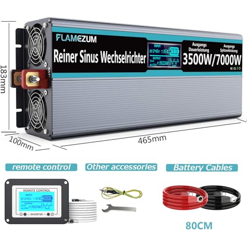 Convertisseur 24v 220v Pur Sinus 3500w avec Télécommande et Ports AC USB FLAMEZUM
