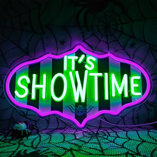 Ajoyferris It's Showtime Neon Sign Dimmable Neon Halloween Sign Showtime Led Sign Horror Movie Neon Lights Striped Gothic Light Up Sign for Halloween Party Decor