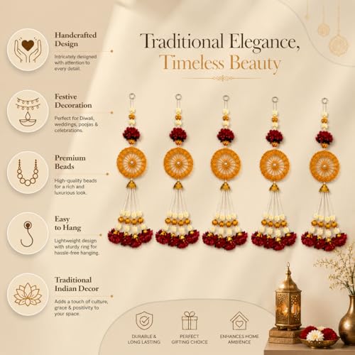 Image of Rajasthan Kraft Pack of 2, Beads Wall Hanging for Home Decor | 23*5 Inch Handmade Door Hanging with Beads & Floral Tassels, Decorative Hanging Ornament for Living Room, Diwali, Wedding & Pooja Decor