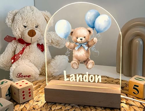 Teddy Bear and Blue Balloons LED Night Light, Desk or Table Lamp, Gift for Mom, Dad, Brother, Friend, Sister, Nursery Room Decor, Christmas/Birthday Gift, Personalized and Handcrafted in America.