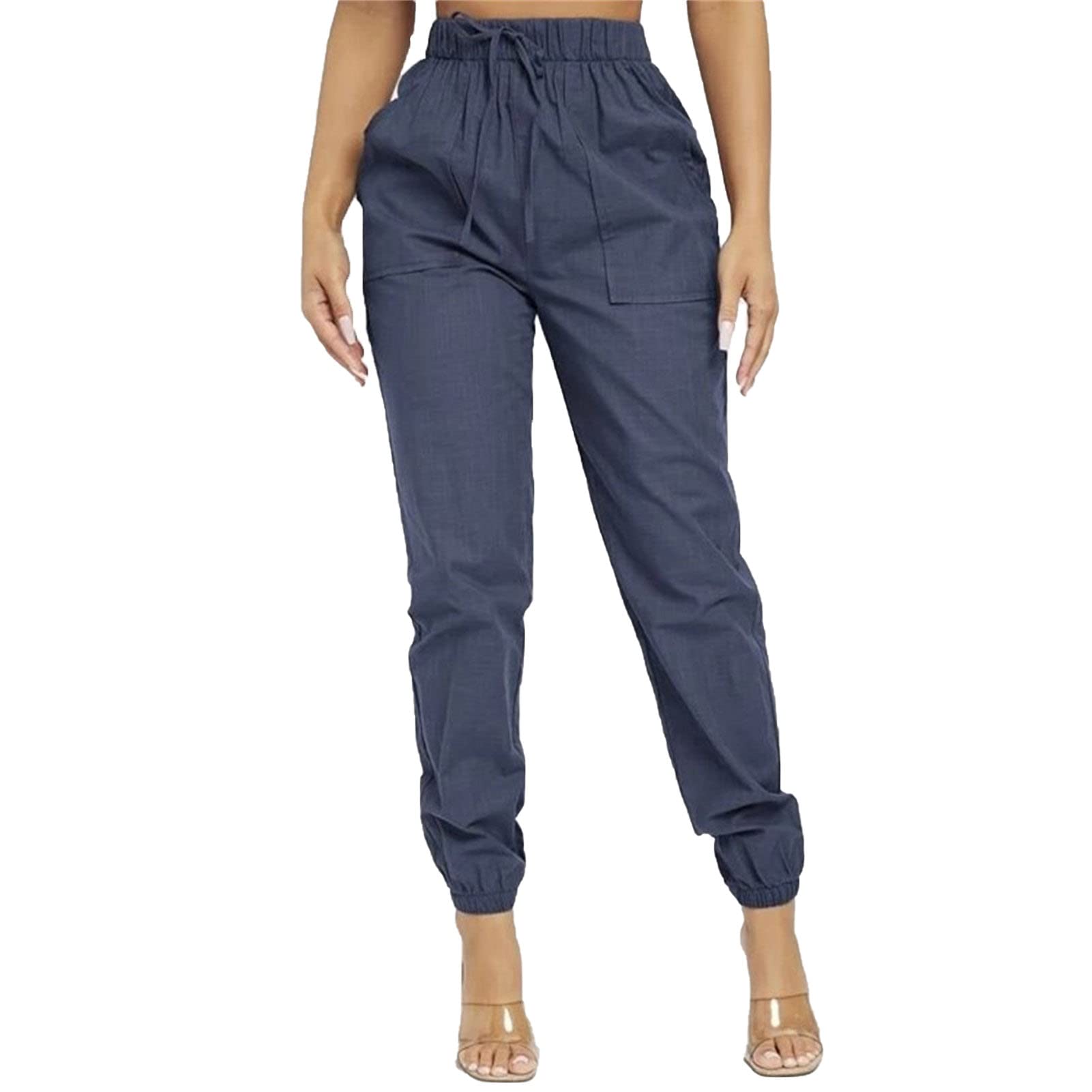 DGHM-JLMY Solid Women Tie Hem Casual Pants Casual Pencil Pants with Pockets Work Trousers Paper Bag Loose Waist