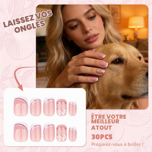 Floruvia 24 pièces ongles carrés courts français imprimés, faux ongles nude avec pointe française blanche et design minimaliste lignes en violet et or – vue 5