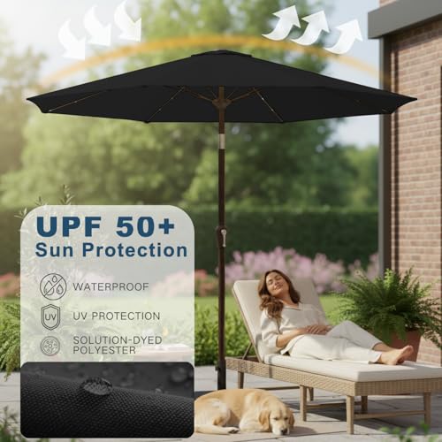Image of 9' Solar LED Patio Umbrella with Tilt & Crank|8 Sturdy Ribs,UV Protection,Outdoor Market Table Umbrella for Deck,Lawn,Pool,Backyard(Black)
