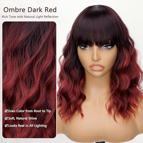 Image of Nnzes Ombre Red Wig with Bangs for Women Bob Wavy Synthetic Wigs with Natural Shoulder Length Curly Heat Resistant Hair for Daily Party Use