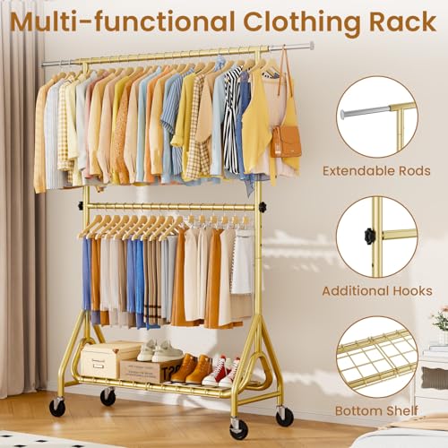 Image of Double Rods Clothing Rack, Heavy Duty Clothes Rack for Hanging Clothes Load 560LBS, Metal Rolling Garment Racks with Wheels, Freestanding Clothes Hanging Racks, Gold