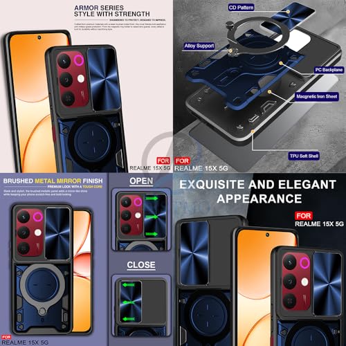 Image of AESTMO Armor realme 15X 5g / C85 5g Bumper Back Case Cover | Ring Holder & CD Pattern Sliding Camera Shutter Cover | Back Case Cover for realme 15X 5g / C85 5g (Blue)
