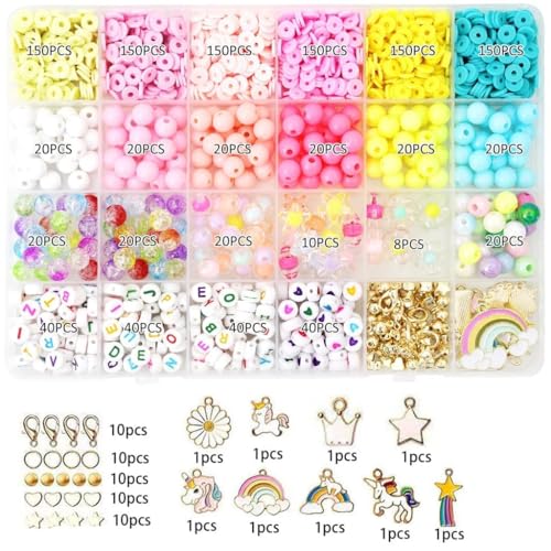 Image of LERUBGA 1300+ DIY Bracelet Making Kit for Kids, DIY Jewellery Making Art & Craft Kit with Clay Beads & Unicorn Charms, Gift for Girls (5-12 Years)