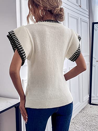 Floerns Women's Striped Short Cap Sleeve Stand Collar Ribbed Knit Sweater Vest Beige M #TOP1