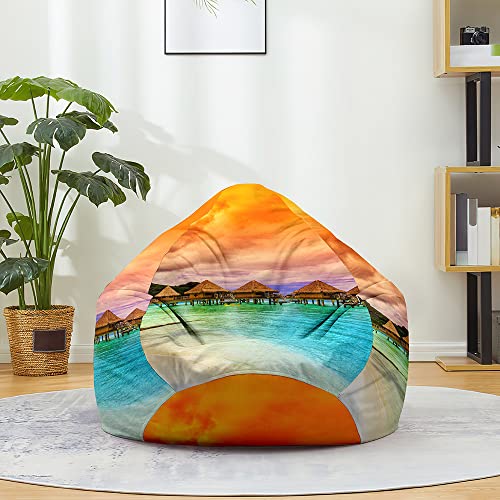 Mateju Puff Impresión 3D de Playa, Funda Puff Algodón y Lino Saco de Judías sin Relleno, Salon Bean Bag Cover para Almacenar Ropa, Edredones, Peluches (Verde Dorado,70x80cm)
