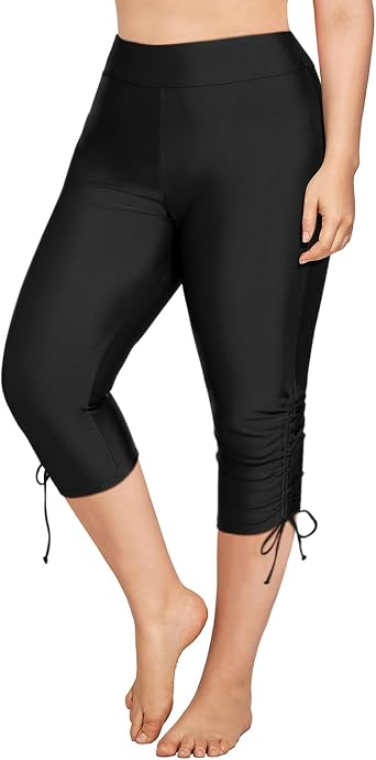 Holipick Womens Plus Size Swim Capris High Waisted Swim Pants Drawstring UPF50+ Long Swim Shorts