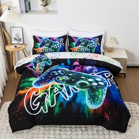 Aimuan Gamer Gaming Bedding Sets 3D Gamepad Comforter Sets for Boys Games Console Action Buttons Novelty Colorful Game Controller Modern Room Decor Home Quilt Set (Black-Green, Twin 6Pcs) Cover