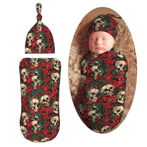 Image of Skull and Red Roses Newborn Swaddle Blankets Hat Sets Soft Baby Receiving Blanket Swaddle Sack for Baby Shower Infant Boy Girl Gift