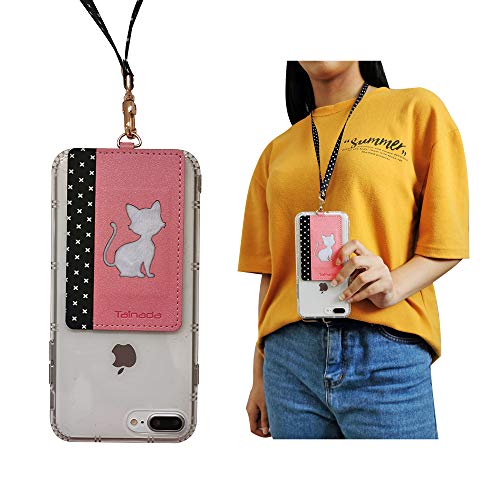 Image of Tainada Stick On Wallet with Detachable Neck Lanyard, Adhesive ID Credit Card Cash Holder with Faux Leather Animal Silhouette Compatible with Most Cell Phones + One Cord Wrapper (Pink Cat)