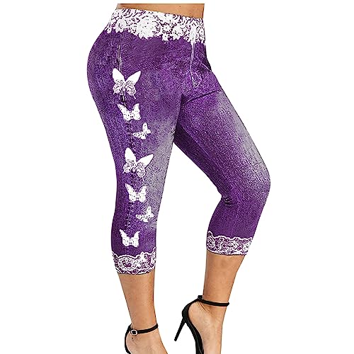 Women's Seamless Leggings Denim Look Butterfly Print High Waist Workout Gym Running Yoga Shorts/Capri Leggings