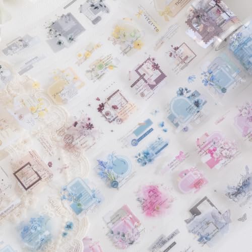 Alideco 6個 マスキングテープ かわいいロヴィンテージ・フラワー 透明な耐水性 インク PET 粘着 テープ 広幅 DIY おしゃれ マステ シール (pintiechengshi)