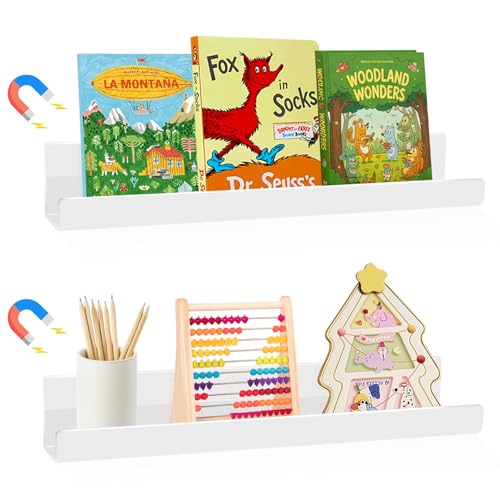 2 Pack Magnetic Book Shelf for Classroom, Strong 8.8lb Magnet Acrylic Whiteboard Shelves, Teacher Supplies Organizer for Kids Books, Posters, Flash Cards, Classroom Accessories Storage (white)