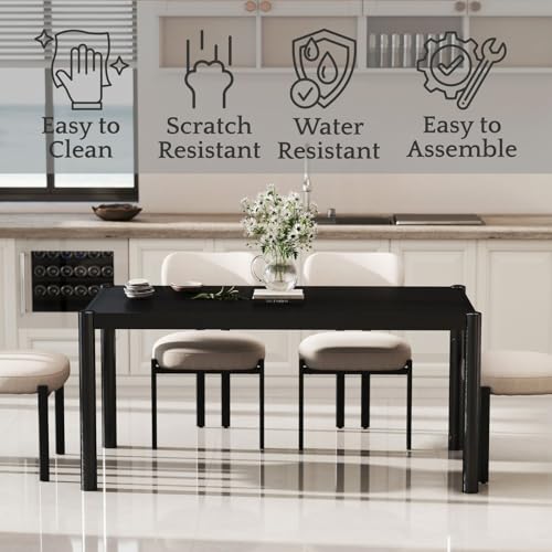 Image of LukeAlon Black Wooden Dining Table for 4 to 6 People, 64 inch Modern Kitchen Long Table with Wood Legs Mid Century Rectangular Dinner Tables for Home Dining Room Restaurant