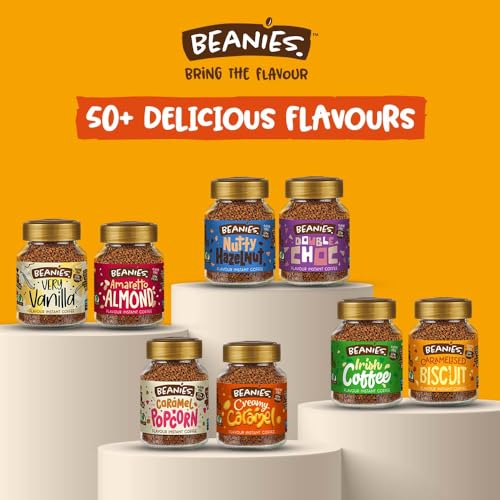 Beanies Instant Coffee Flavoured Creamy Caramel, Very Vanilla, Caramel Popcorn, Nutty Hazelnut, 400g (50g x 8 Pack) - No Added Sugar Coffee, Low Calorie Drink, Vegan, Vegetarian Friendly - Image 6