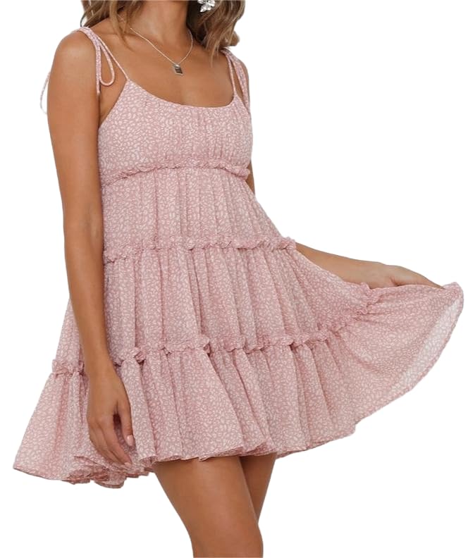 Image of Gihuo Womens Floral Mini Dress Boho Flowy Skater Spaghetti Strap Ruffle Sleeveless Beach Dress 2026 Summer Sundresses