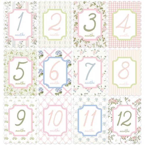 ForraFun Baby Monthly Milestone Cards, 5 x 7 Inch First Holiday Cards, First Year Month Milestone Baby Shower, 12 Monthly Newborn Photo Props for Boys Girls, 12 Designs