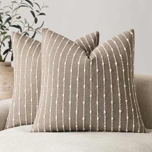 Image of Foindtower Decorative Striped Boucle Throw Pillow Covers 22x22 Taupe Gray | Pack of 2 Accent Textured Neutral Pillowcases,Boho Modern Cushion Covers,Rustic Home Decor for Couch Sofa Bedroom Living Room