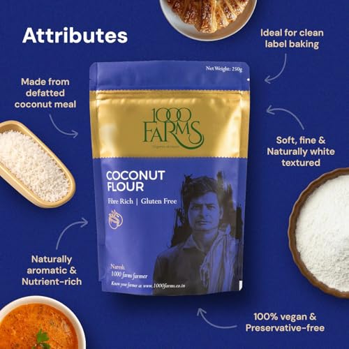 Image of 1000Farms Organic Coconut Flour 250g | 100% Natural Nariyal | Gluten Free, High Fiber for Better Digestion, Low Carb for Keto Diet | Ideal for Baking, Cakes & Cookies