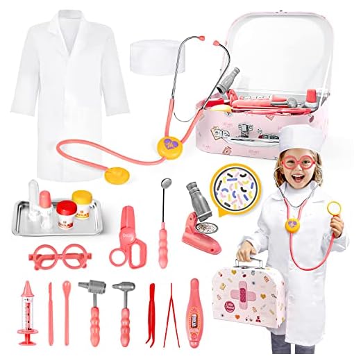 Pink Doctor Kit for Kids, 21Pcs Pretend Play Toys Medical Kit with Real Working Stethoscope and Coat, Toddler Doctor Playset Kids Dr Kit Toys for Girl Age 3-8