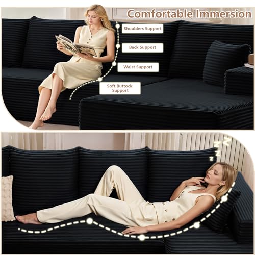 Image of Oversized Modular Sectional Sofa Couch, Large 6 Seater Corner Sofa Modern U Shaped Sectional Couch Cloud Couches for Living Room, Office, Spacious Space, Corduroy, No Assembly Required, Black