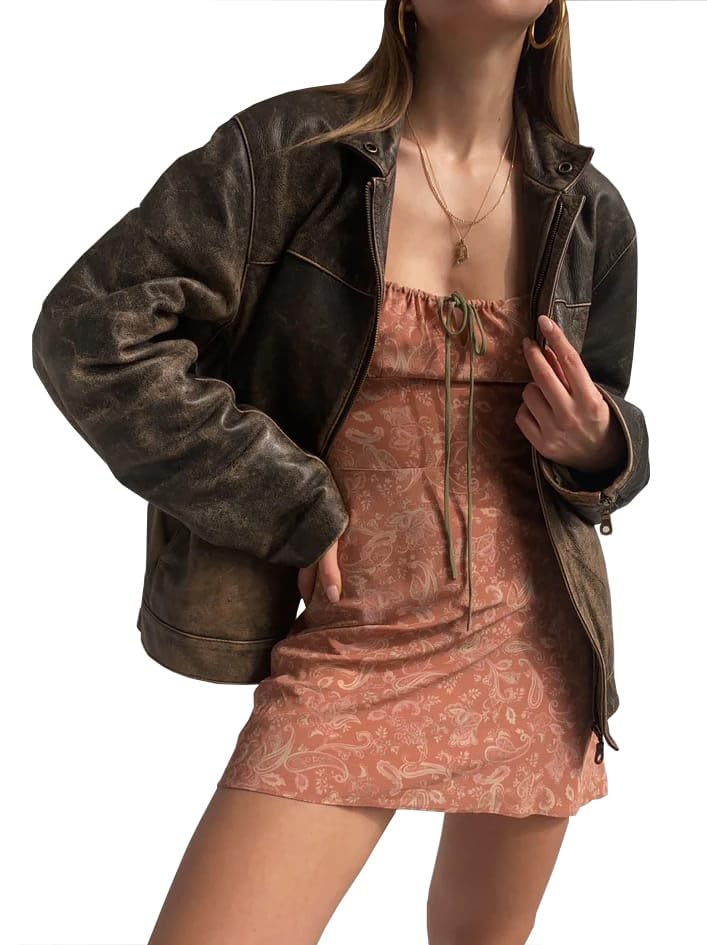 Women’s Vintage Oversized Patina Genuine Leather Biker Casual Wear Moto Jacket3
