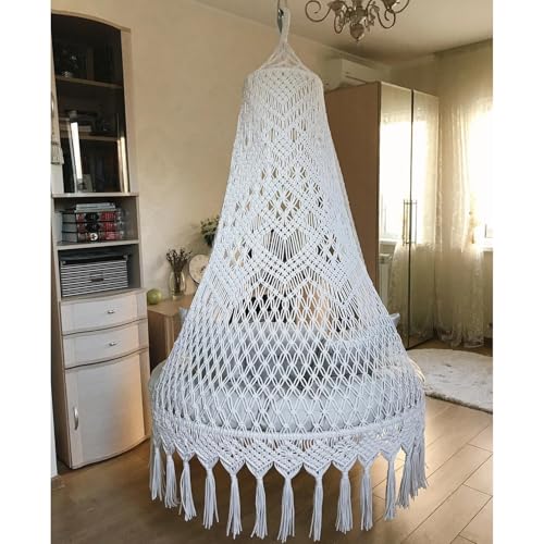 Image of KAAHIRA Bohemian Macrame Hanging Swing Chair- Aesthetic Cotton Rope Hammock for Indoor & Outdoor - Patio, Balcony, Bedroom, Living Room, Garden-Kids, Adults & Pets - Boho Decor (Off White)
