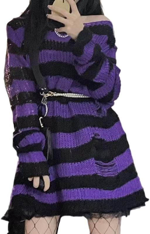 Womens Oversized Goth Punk Ripped Striped Long Sleeve Pullover Sweater Dress Tops Streetwear