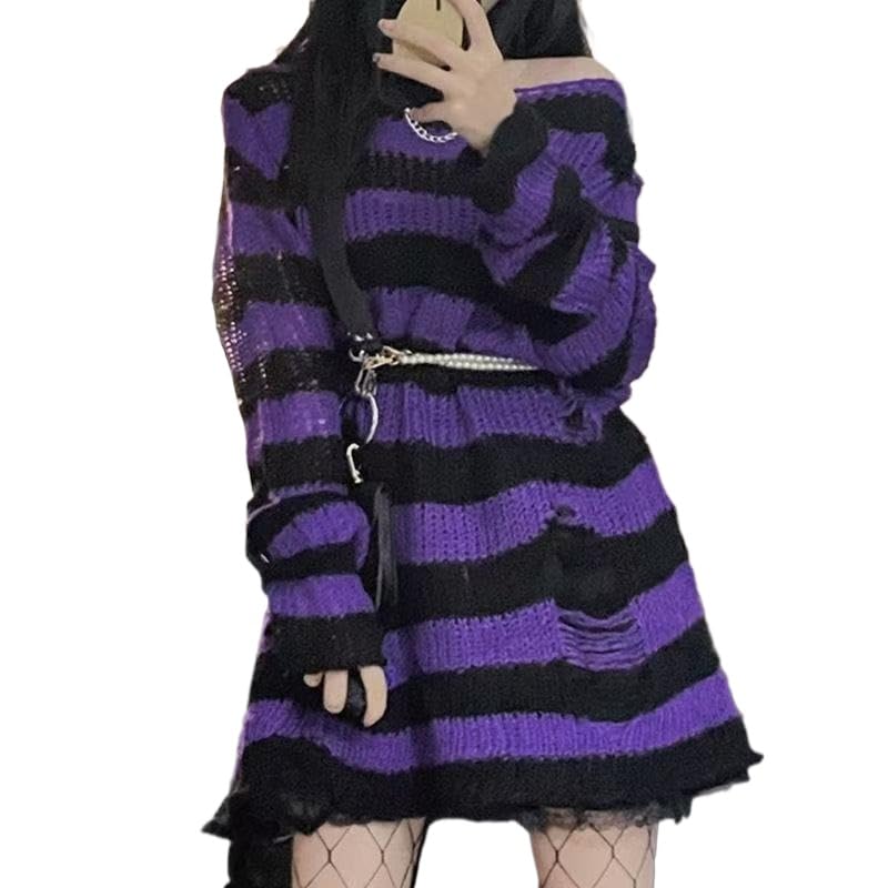 Womens Oversized Goth Punk Ripped Striped Long Sleeve Pullover Sweater Dress Tops Streetwear