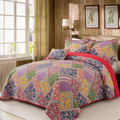 BEDIFANY Cotton Queen Quilt Set - Vintage Farmhouse Bedspread with Vibrant Floral Pattern, 3-Piece Lightweight Coverlet (90x98 Inch) + 2 Pillow Shams, All Seasons Multicolor Quilt Bedding Set