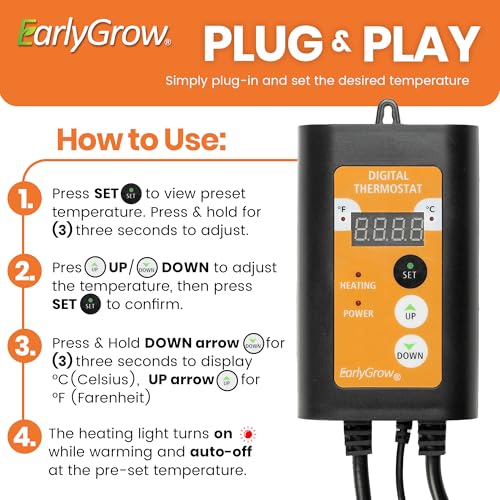 EarlyGrow Digital Temperature Controller with LED Display - Precise Heat Control for Seed Propagation, Greenhouse, Vivarium & More - Plug & Play Thermostat with 1000W Capacity for Mats & Heaters - 3