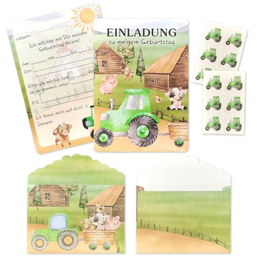 12× Traktor Einladungskarten Kindergeburtstag,mit Umschlägen & Stickern,Einladungen zum Kindergeburtstag Traktor,Einladungskarten Kindergeburtstag Junge,für Mädchen und Jungen Geburtstagseinladungen
