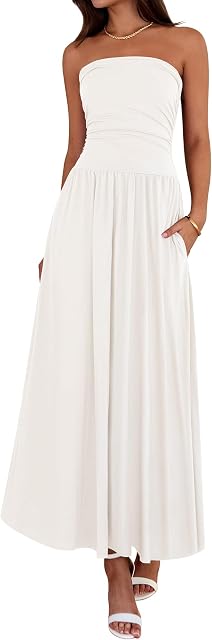 BTFBM Summer Maxi Dresses for Women 2026 Strapless Ruched Tube Top Flowy Beach Vacation Wedding Guest Spring Dress Pockets