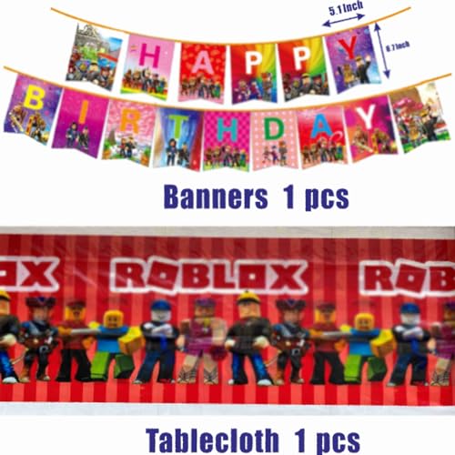 Roo-bloxs Party Decorations,Theme Birthday Supplies Set,Video Game Banner,Plates,Spoons,knives,Fork,Napkins,Cake Toppers,Straws,Paper cups,Gift Bags,Tablecloth.