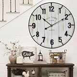 Large Old Town Farmhouse Wall Clock – 24 Inches Rustic Antique Wood with Metal Circle and Large Numerals, Silent Battery Operated Clock for Office, Kitchen, Bedroom, Living Room (Washed White)