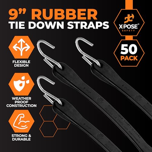 Image of Rubber Bungee Cords with Hooks 50 Pack 9 Inch (14 inch Max Stretch) Heavy-Duty Black Tie Down Straps for Outdoor, Tarp Covers, Canvas Canopies, Motorcycle, and Cargo - by Xpose Safety