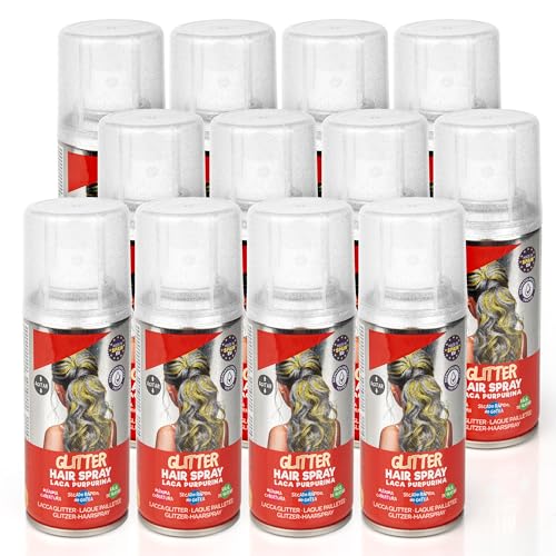 Pack 12 Laca de Pelo Color Plata Purpurina 100ml - Spray Colores para Cabello Rápida coloración, Lavable