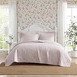 Laura Ashley - King Quilt Set, Breathable Premium Cotton Bedding with Matching Sham(s), Super Soft Floral Bedding Essentials (Marta Stripe Pink, King)