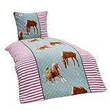 Für Allergiker geeignet 2 TLG Kinder Warme Kuschel Fleece Bettwäsche Einhorn Feuerwehrmann Pferd Pingin 135x200 80x80, Designe:Pferde